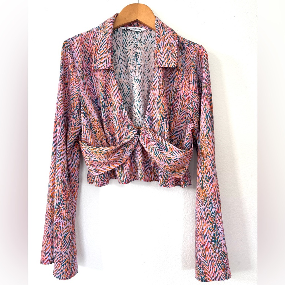 Zara Women's Long Sleeve Crop Top Purple Orange size XS XSmall Wood Retro
